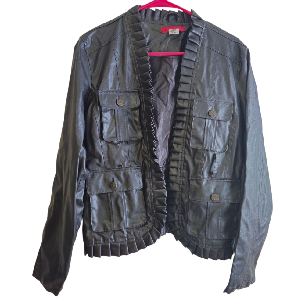 1955 vintage premium faux leather jacket ruffles Biker Goth women xl **FLAWS**